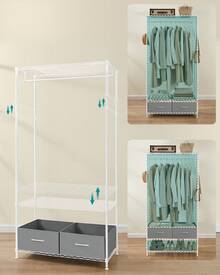SONGMICS Clothes Rack, Heavy-Duty Garment Rack, Clothing Rack With Mesh Shelf, 2 Fabric Drawers, Hanging Rail, Hooks, Freestanding Portable Wardrobe Closet Rack - White - View 4