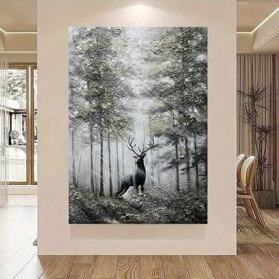1pc Hand-Painted Abstract Elk In Forest Oil Painting - Frameless Luxurious Wall Art For Modern Living Room Decor, Nature Scene, Home Wall Art | Monochromatic Design | Textured Appearance, Animal Wall Art