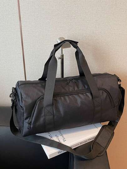 1pc Large Capacity Travel Tote Bag, Solid Color Black Tote Bag, Hardware Zipper, Fashionable And Versatile, Casual And Simple, Suitable For College Students, School Trips, Travel, Fitness And Camping, Men's And Women's Tote Bags Soccer Bags