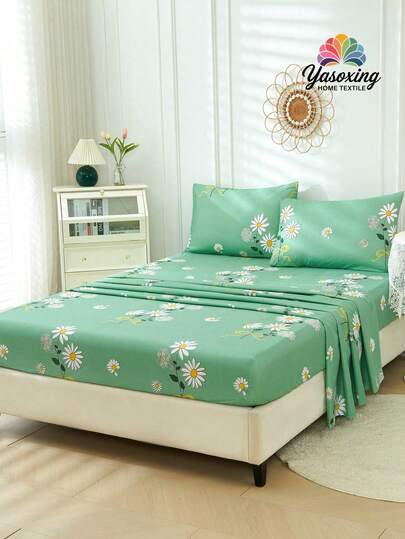 4pcs Daisy Flower Pattern Sheet Set Easy Care Polyester Microfiber Soft Bedding Set