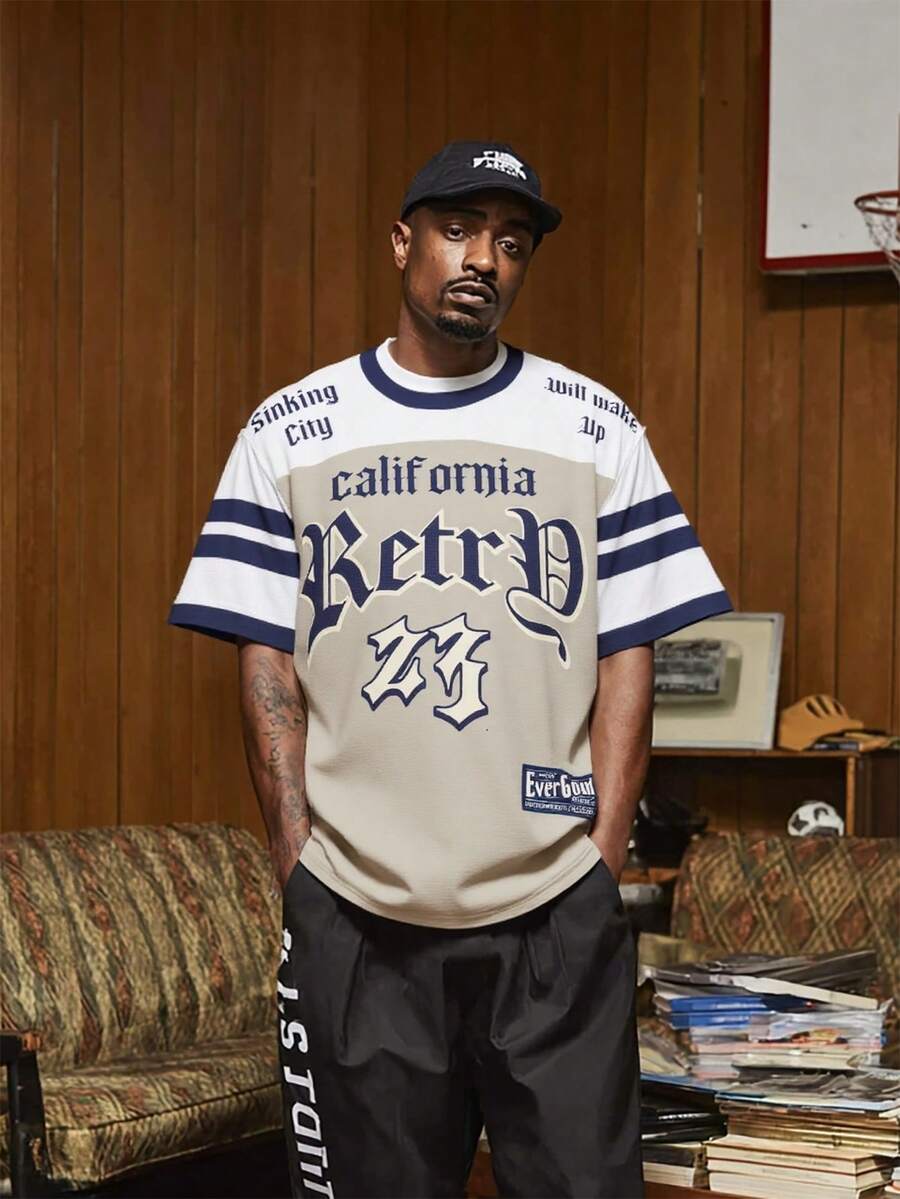 Maglia sportiva retrò da uomo, uniforme da hockey su ghiaccio, con stampa a patchwork, a maniche corte e collo tondo