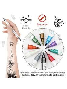 10 Colores Bolígrafos Temporales de Tatuaje Metálicos de Doble Punta, Aptos para Piel, Marcadores de Tatuaje Lavables, Pegatinas Flexibles para el Body, Kit Seguro de Pintura Facial - 10 colores - Ver 5