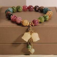 Natural Gemstone Tourmaline Bracelet With Lily Of Valley Pendant, Handmade Multicolor Beaded Lucky Charm Bracelet - Multicolor - View 5