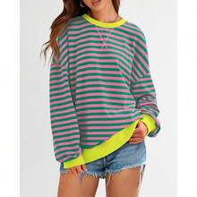 Womens Oversized Striped Sweatshirt Crewneck Long Sleeve Pullover Top Casual Y2K Spring Clothes 2026 Workout Shirt,Vacation Outfits Women,Valentine Outfits For Women,Street Photography - 粉紅綠色 - 查看 4