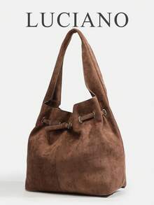 复古金属扣手提包，大容量仿麂皮单肩包，轻便金属装饰，西部风格，适合复古女孩、文艺青年、时尚爱好者，四季皆宜，适合通勤、旅行、度假、露营、摄影和日常穿搭，大容量，最新时尚女士麂皮包 - 咖啡 - 查看 1