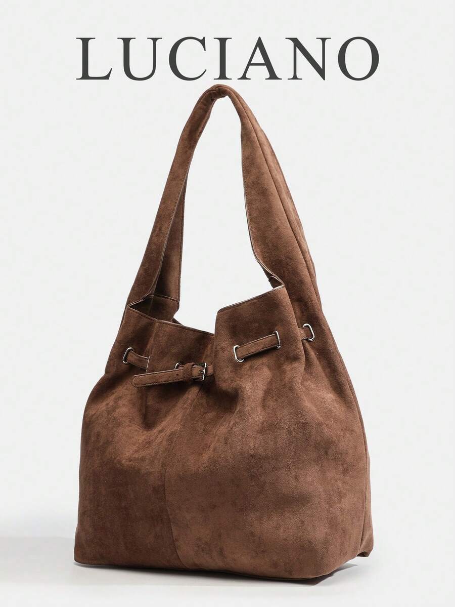 复古金属扣手提包，大容量仿麂皮单肩包，轻便金属装饰，西部风格，适合复古女孩、文艺青年、时尚爱好者，四季皆宜，适合通勤、旅行、度假、露营、摄影和日常穿搭，大容量，最新时尚女士麂皮包 - 咖啡 - 查看 1