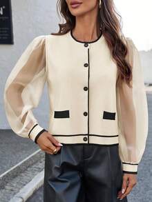 Womens Sheer Mesh Cardigan Puff Sleeve Color Block Button Sweater Dressy Knit Top