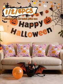 1/2/4pcs Cute Ghost Pillow Cover, Halloween Cushion Cover, Spooky Halloween Bedding Decor, Soft Accent Cushion Case, Single‑Sided, Without Insert, Zipper Closure, For Sofa, Bedroom Living Room, Halloween Party, Soft And Breathable, Home Textile - Multicolor - View 4