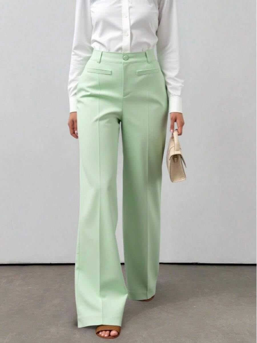 LIU ME Women's Tailored Trousers With Fake Pocket – High Waist And Wide Leg - Mint Green - View 1