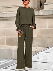 Women Fall 2 Piece Sweatsuit Set  Drawstring Wide Leg Jogger Sweatpants Loose Matching Lounge Sets Sport Airport Tracksuit Outfits - 軍綠色 - 查看 3