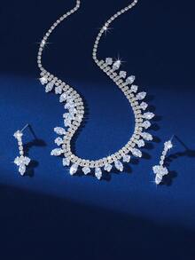 奢华时尚女士珠宝套装，水钻项链和耳环，适合新娘、派对、庆典和日常佩戴 - 銀色 - 查看 2