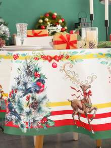 1Pc Christmas Theme Polyester Tablecloth,Round Diameter 150cm,Christmas Decor Tablecloth,Christmas Tree Snowman Reindeer Pattern Holiday Table Cover,Merry Christmas,Christmas Decoration For Home,Christmas Holiday Table Center Decor,Christmas Party Supplies,Christmas Gift,Holiday Party Favor,Xmas Decor