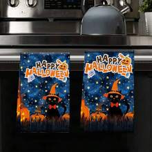 Set de 2 toallas de cocina de Halloween, 40cm*60cm - Toallas de cocina con temática de Halloween con estampados de cielo estrellado azul, gato negro y calabaza, adecuadas para la decoración del hogar en días festivos, toallas de platos de poliéster, excelentes para el hogar, el baño y la decoración de fiestas
