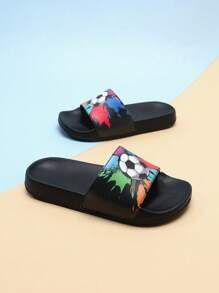 Kids' Fashion Slippers, Minimalist Cartoon Football Non-Slip Soft Bottom Lightweight Boys' Home & Casual Sandals - Black - View 8