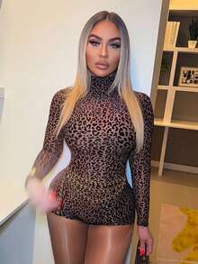 豹纹高领拉链针织网纱修身连体裤，性感迷人，纯色修身，适合鸡尾酒会、夜店、音乐节、圣诞节、新年、秋冬假期和春季等场合，优雅百搭。 - 棕色 - 查看 3