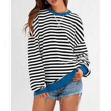 Womens Oversized Striped Sweatshirt Crewneck Long Sleeve Pullover Top Casual Y2K Spring Clothes 2026 Workout Shirt,Vacation Outfits Women,Valentine Outfits For Women,Street Photography - 黑色 白色 - 查看 4