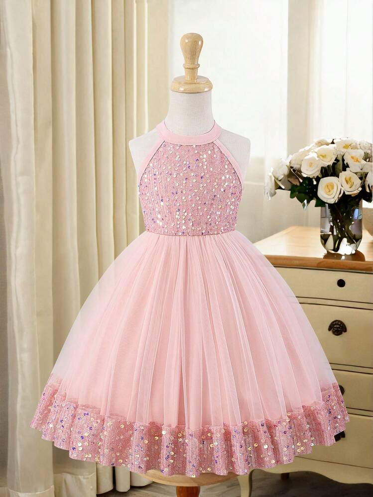 Vestido elegante de unicolor con lentejuelas y malla para niñas, primavera/verano - Rosa - Añade 1