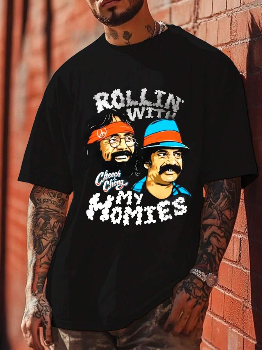 Cotton T Shirt,Short Sleeve Funny Graphic Top, Funny Rollin' With My Homies Men's Short Sleeve Top, Men's 180g Combed Cotton Summer T-Shirt ,Vintage T Shirts ,Funny Graphic Tee,Graphic Tee - 黑色 - 查看 1