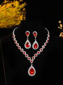 復古宮廷閃爍水晶鑽石項鍊耳環套裝，婚禮派對珠寶3合1 - 銀色 - 查看 6