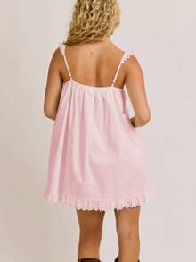 Women's Summer Dresses Sleeveless Ruffle Square Neck Tie-Up Front Solid Loose Short A-Line Mini Babydoll Dress - Hồng - Xem 4