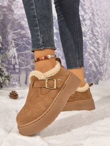 Botas de neve marrons para uso externo com solado antiderrapante e grosso, botas de tornozelo versáteis e com forro térmico da moda 2025, botas curtas de bico quadrado, sapatos de neve à prova d'água e com plataforma para uso externo para mulheres