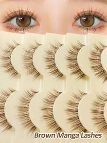 Rikuaild 5 Pairs Cartoon Style Brown False Eyelashes, Anime Style, Natural & Lightweight, Delicate & Soft, Fairy Design, Transparent Band, Reusable, Lightweight & Natural - Spiky Manga Lashes - View 4