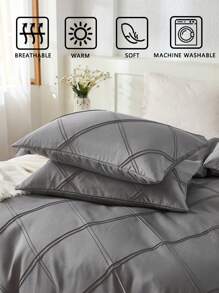 3pcs Solid Gray Plaid Pleated Duvet Cover Set (1 Duvet Cover + 2 Pillowcases, No Filling), Soft, Skin-Friendly, Lightweight, Breathable, Farmhouse Style, Suitable For Bedroom, All Seasons, Great Gift Option - Grey - View 6