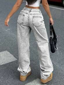 Girl's Casual High Waist Straight Leg Versatile Jeans, Suitable For Outings