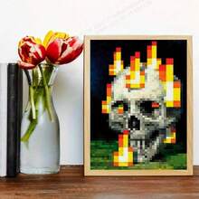 1 件活力像素骷髅火焰帆布墙艺术 - 无框 2D 平面海报，现代数字美学印刷品，适用于卧室、办公室、客厅或咖啡厅装饰，高品质室内墙画，办公室装饰 | 活力墙海报 | 高品质印刷 - 彩色 - 查看 2