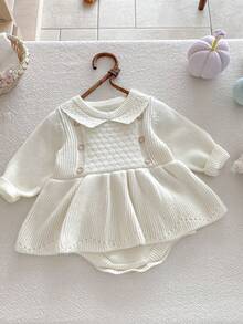 Baby Girl Knitted Romper Dress, Fashionable Long Sleeve Ruffled Infant Jumpsuit Bodysuit, Autumn/Winter