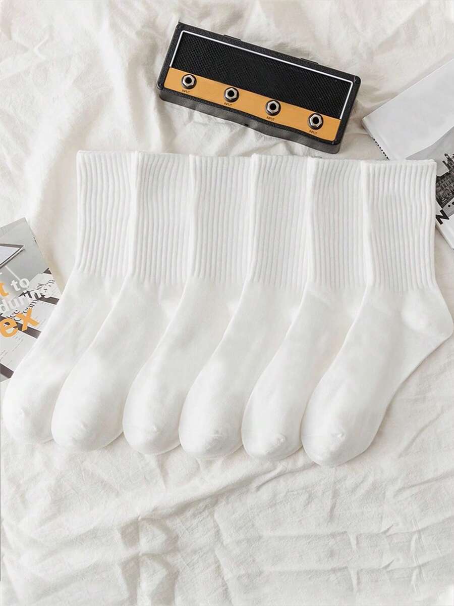 6 đôi tất thể thao màu trơn co giãn cao đến bắp chân cho trẻ em Unisex màu trắng tinh khiết, tất học sinh, mùa thu/đông