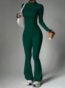 FWH 两件套街头风修身套装，包括带拇指孔的拉链外套和高腰喇叭裤（腰部可调节），塑形提神，提升女性自信的运动服套装。 - 墨綠色 - 查看 6