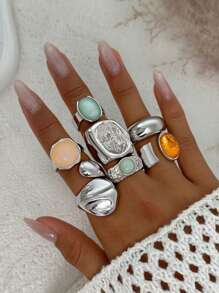 9-5pcs Vintage Fashion Elegant Retro Coin Metal Multi-Element Colorful Gemstone, Cat Eye, Crystal Inlaid Acrylic Adjustable Rings Set, Chunky Hammered Asymmetrical Geometric Rings, Boho Chic Layered Stacking Rings, Ideal For Women, Men, Couples, Summer, Vacation, Party, Wedding, Daily Matching, Holiday Gift - Multicolor - View 13