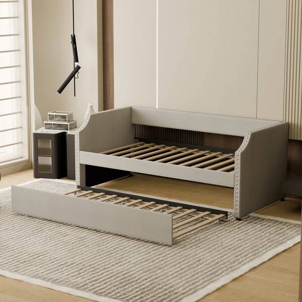 FUFU&GAGA Classic Twin Daybed With Trundle, Upholstered Sofa Bed Frame With Nailhead Trim And Notched Arms, No Box Spring Needed, Space-Saving Guest Bed For Living Room Or Bedroom, Easy Assembly, Gray