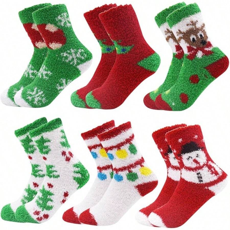 6 Pairs Adult Christmas Holiday Socks - Warm, Cozy Fuzzy Socks With Plus Size And Anti-Slip Bottom