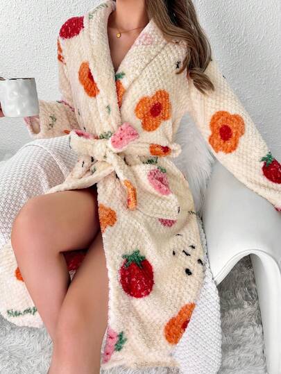 女士睡袍，草莓印花时尚浴袍，宽松长袖柔软绒毛保暖浴袍，适合冬季、派对、日常穿着，家居浴室装饰，温暖冬季装饰