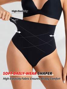 Women Cross Super High Waist Tummy Control Thongs Double Layer Seamless Brief No Show Panty Girdle Body Shaping Underwear Soft Daily Shapewear Bottom - Black - View 9