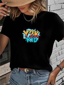 Y2K Kid Graphic-Shirt         Graphic Tees Women Crop Tops Summer Outfits Women Summer Tops-Shirt - 黑色 - 查看 1