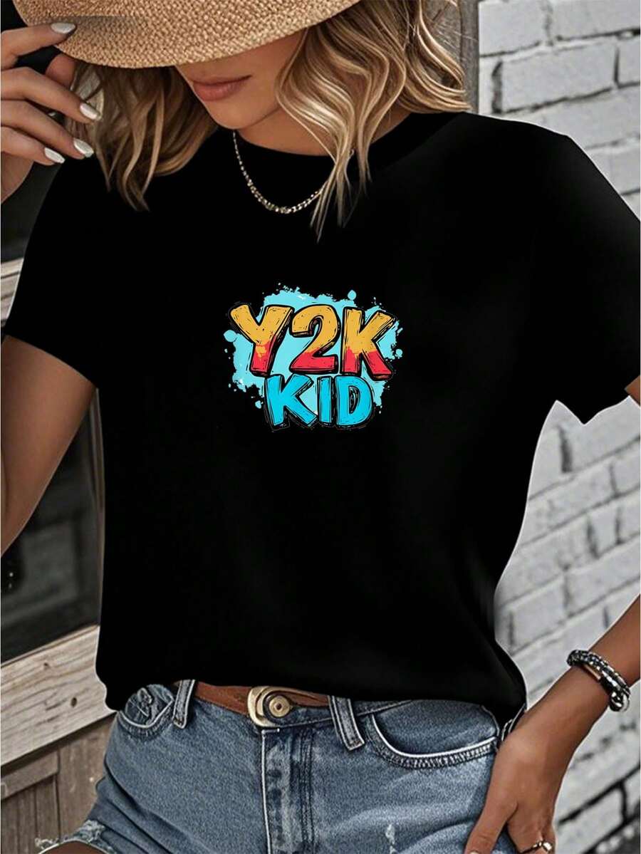 Y2K Kid Graphic-Shirt         Graphic Tees Women Crop Tops Summer Outfits Women Summer Tops-Shirt - 黑色 - 查看 1