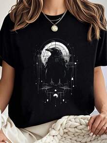 100% Cotton Raven Crow Dark Bird Witchcraft Omens Midnight T-Shirt Summer Tops For Women - 黑色 - 查看 1
