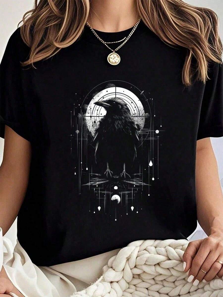 100% Cotton Raven Crow Dark Bird Witchcraft Omens Midnight T-Shirt Summer Tops For Women - 黑色 - 查看 1