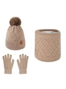 مجموعة قبعة وشاح وقفازات محبوكة مزدوجة الطبقة مبطنة بالحرارة للنساء، للاستخدام الخارجي والدراجات، قبعة محبوكة لتدفئة الرأس في فصل الشتاء، 3 قطع/مجموعة