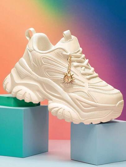 Women's Casual Sneakers, Retro Thick Sole Patchwork Chunky Sneakers Lace-Up Soft Bottom Walking Shoes, Lightweight Breathable Low-Top Running Shoes