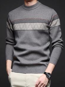 Men's Thick V-Neck Jacquard Sweater, Casual Business Commute Long Sleeve Pullover, Suitable For Layering Or Outerwear, Autumn/Winter - Light Grey - View 5