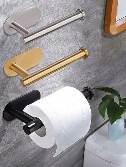 5/1 Pcs No Drill Toilet Paper Holder, Self-Adhesive Toilet Paper Rack, Stainless Steel Paper Towel Holder, Minimalist Plastic Tissue Box, Absorbent Paper Towel Rack, Bathroom Paper Towel Holder, Black/Silver/Gold Bathroom Pendant, No Drill, Wall Mounted, Bathroom Storage Rack, Bathroom Hardware Accessories, Bathroom Decor, Back To School Dorm Tissue Storage