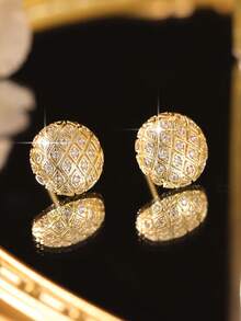 jealous young 1pair Fantasy Circular Geometric Micro-Inlaid Cubic Zirconia Stud Earrings, Fashionable Hip Hop Gold Color Earrings Unisex, Suitable For Everyday Wear - Yellow Gold - View 6