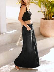 Women's Vintage Denim Maxi Skirt High Waisted A-Line Long Jean Skirt With Frayed Hem And Pockets - 黑色 - 查看 2