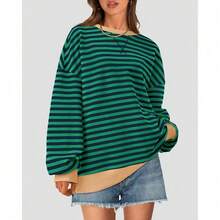 Womens Oversized Striped Sweatshirt Crewneck Long Sleeve Pullover Top Casual Y2K Spring Clothes 2026 Workout Shirt,Vacation Outfits Women,Valentine Outfits For Women,Street Photography - 綠色海軍藍 - 查看 3