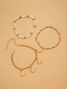 Set de 3 piezas de accesorios de joyería de tobillera de acero inoxidable de estilo casual y de moda para chicas de playa - Tobillera de tres capas - Ver 3