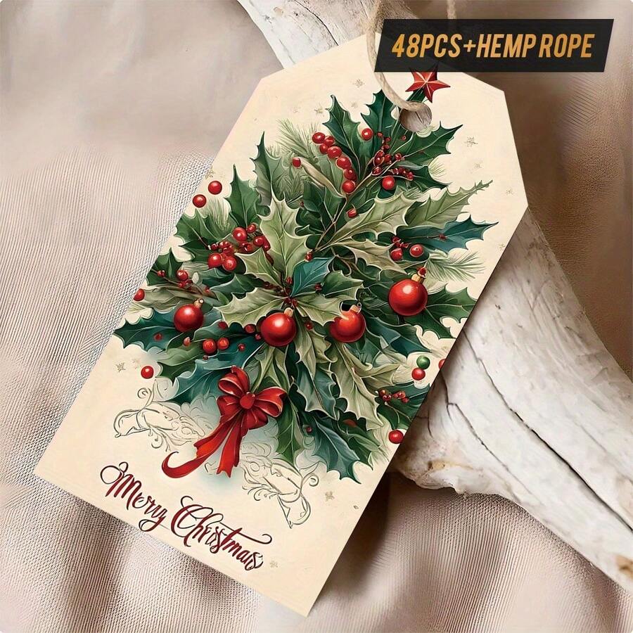 48pcs Elegant Vintage Christmas Gift Tags With Hemp Rope | Classic Holiday Tags For Presents, Tree Decorations, Party Decor - Perfect For Family, Friends, Office Exchange(12/48pcs) - Multicolor - View 1